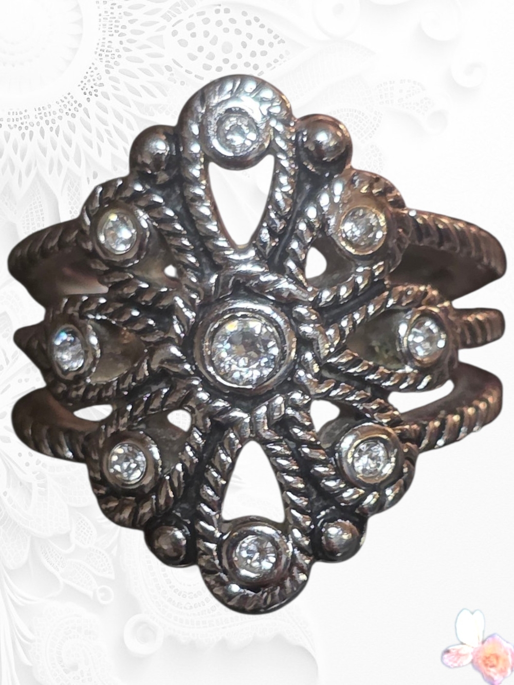 Premier Designs Filigree Ring with Clear Sparkly Stones Silver Tone 10